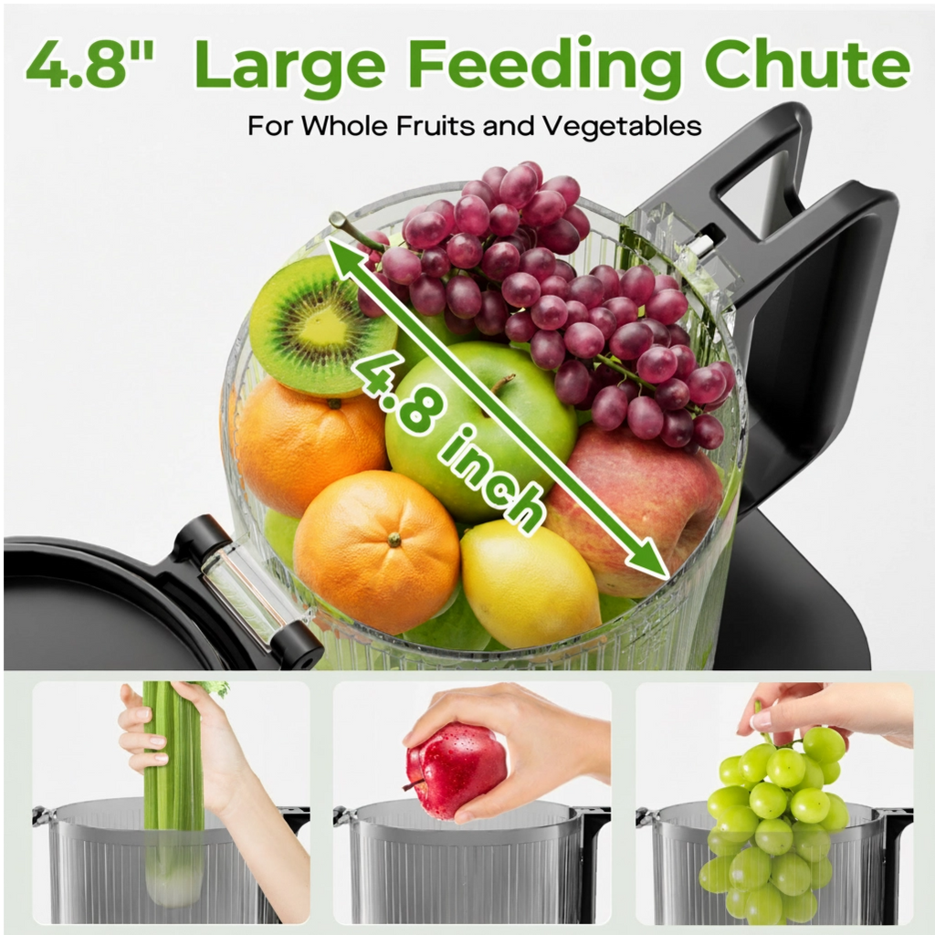 JE-60 Cold Press Juicer, 4.8" Wide Feed Chute Juice Extractor Machine with 250W , Stainless Steel