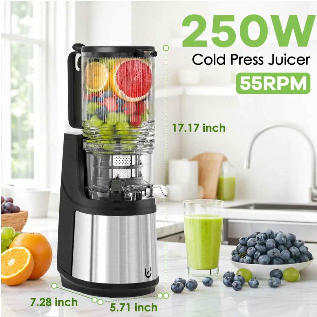 JE-37B Cold Press Juicer, 5.3" Wide Feed Chute Juice Extractor Machine with 250W , Stainless Steel