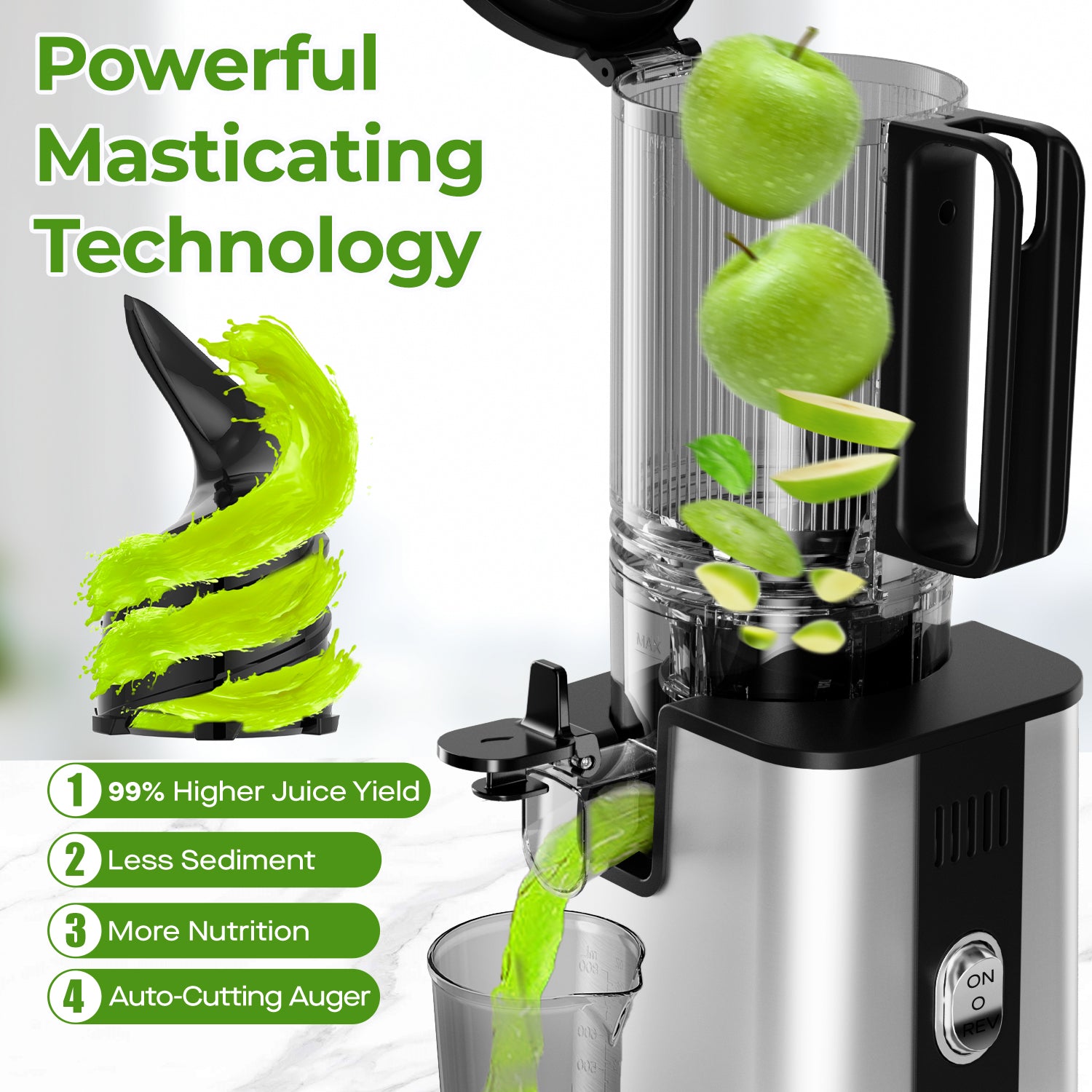 JE-60 Cold Press Juicer, 4.8" Wide Feed Chute Juice Extractor Machine with 250W , Stainless Steel