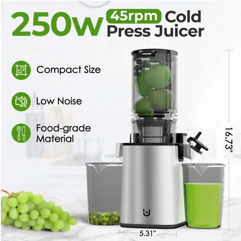 JE-60 Cold Press Juicer, 4.8" Wide Feed Chute Juice Extractor Machine with 250W , Stainless Steel