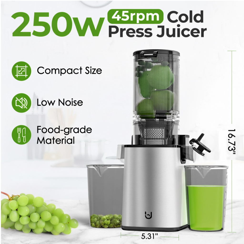 JE-60 Cold Press Juicer, 4.8" Wide Feed Chute Juice Extractor Machine with 250W , Stainless Steel