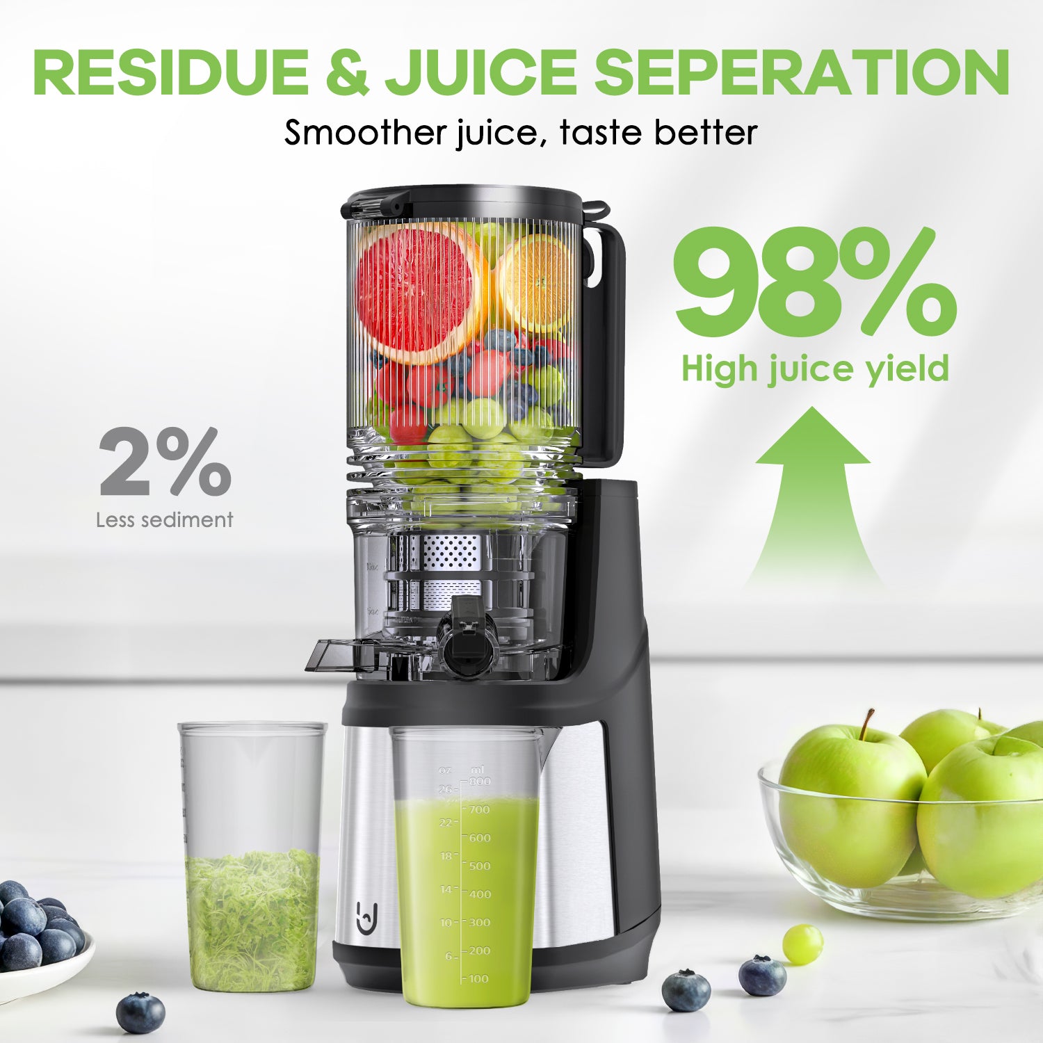 JE-37B Cold Press Juicer, 5.3" Wide Feed Chute Juice Extractor Machine with 250W , Stainless Steel