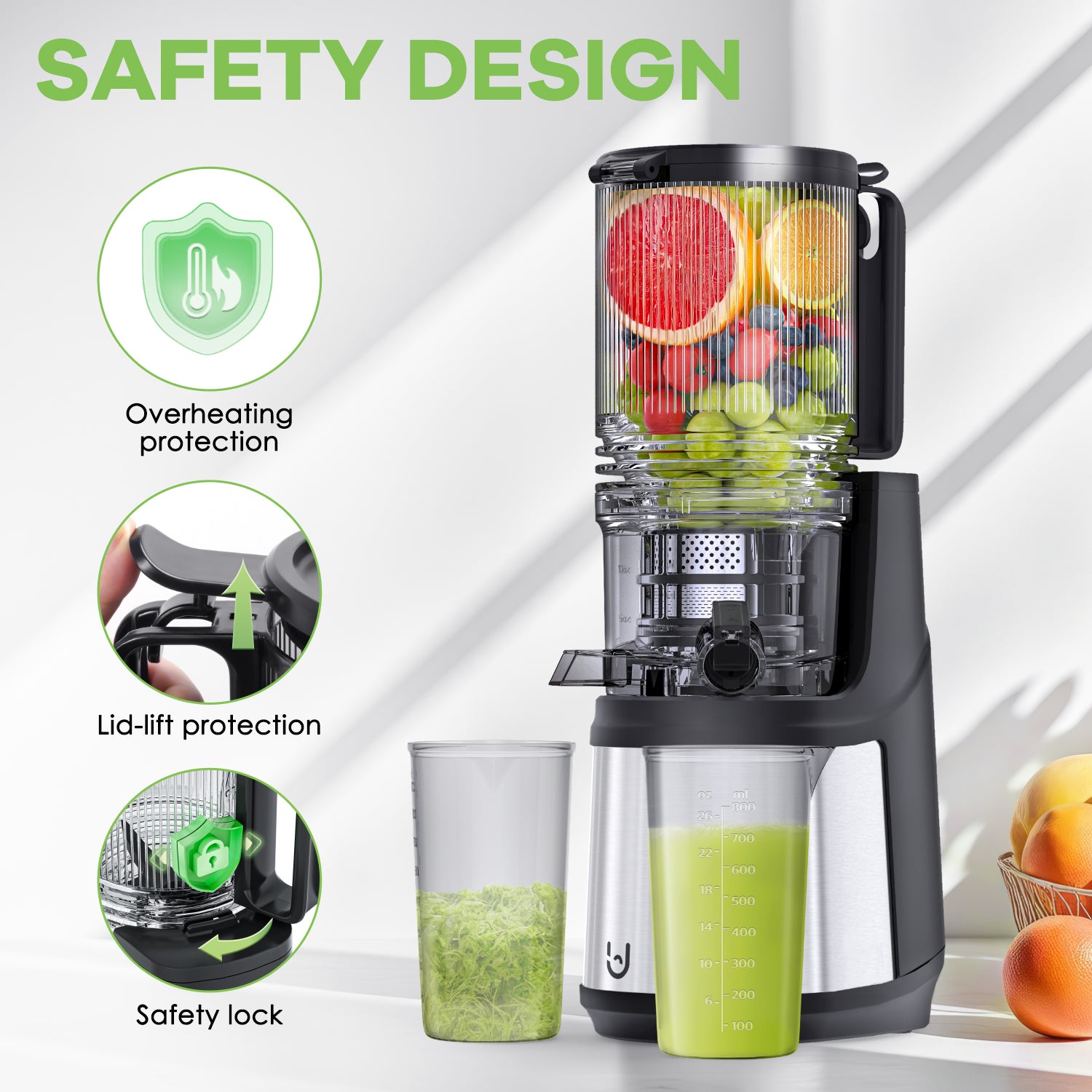 JE-37B Cold Press Juicer, 5.3" Wide Feed Chute Juice Extractor Machine with 250W , Stainless Steel